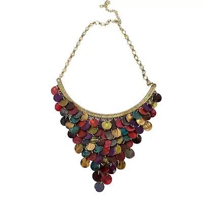 Vintage Cascading Colorful Shell Bib Necklace Gold Tone Chain • $12.95