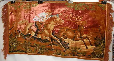 Italian Velvet Tapestry Rug Wall Hanging Man On Horse Hunting Deer Vintage T1804 • $49.99