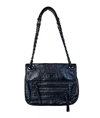 RAFE New York Black Leather Shiny Handbag Purse Zip Pockets 2 Chain Link Straps • $39.99