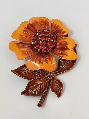 Large Orange Enamel & Rhinestone Flower Brooch Pin Vintage Moveable 3  Mod Retro • $14.99