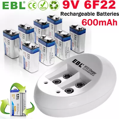 Lot EBL 600mAh 9V 6F22 Lithium Ion Rechargeable Batteries + 9 Volt USB Charger • $13.99