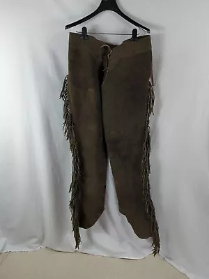 Vintage Chaps Unbranded Brown  Heavy Leather Western Cowboy Ranch Zipper Fringe  • $89.97