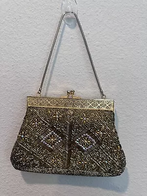 Vintage 1950’s Gold Beaded Crystal Bronze Purse Clutch Made In Hong Kong • $17.50