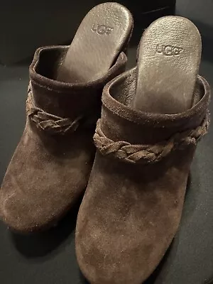 UGG Kaylee Brown Suede Clogs Size 7 Sherpa Leather Studded Wood Heel Shoes Mules • $60