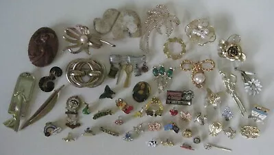 49 Vintage Pins Brooches Flower Gold Silver Jewelry Rhinestone Wear Crafts Lot • $39.99