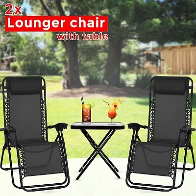 3 Piece Zero Gravity Reclining Garden Patio Deck Chair Sun Lounger & Table Set • £59.85