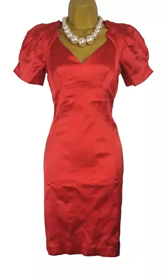 KAREN MILLEN  Stunning Red Satin Galaxy Wiggle Dress Ruffle Sleeve UK 10 • £24.95
