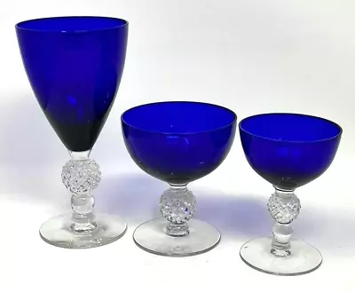 Vintage Morgantown Glass Golf Ball Cobalt Ritz Blue Stem 6.25 /4.25 /4  Set Of 3 • $79.99