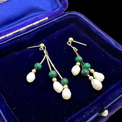 Antique Vintage Deco Retro 14k Yellow Gold Malachite & Pearl Estate Earrings 2g • $15.50