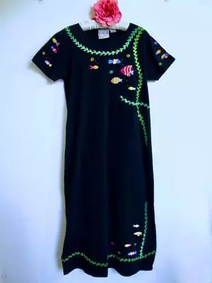 Michael Simon Lite Embellished T-Shirt Dress M Embroidered Fishes Underwater Blk • $21.99