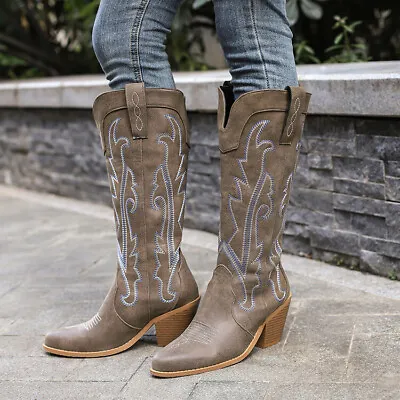 Vintage Women's Cowgirl Cowboy Boots Printed Mid Wide Calf Western Shoes Comfort • $121.64