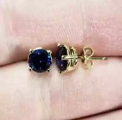 Lab-Created Blue Sapphire Stud Earrings 2.00 Ct Round Cut 14K Yellow Gold Plated • $64.99