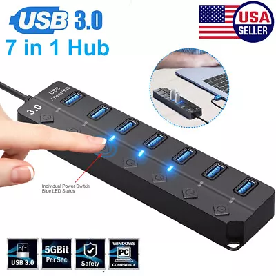 USB 3.0 Hub 7 Port On/Off Switch High Speed Splitter AC Adapter Charge PC Laptop • $8.99