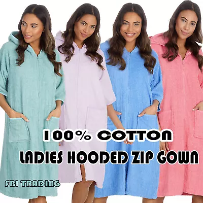 WOMENS LADIES DRESSING GOWN  ZIP FASTENING FRONT OPENING New Towelling Cotton • £19.95