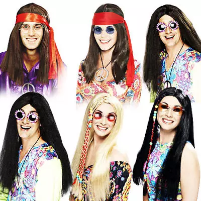 1960s Hippy Wigs Adults Fancy Dress 60s Hippie Mens Ladies Sixties Costume Wig • £7.99