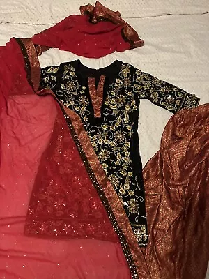 Designer Velvet Black/Red Salwar Kameez Suit Sana Safinaz Elan Crimson • £40