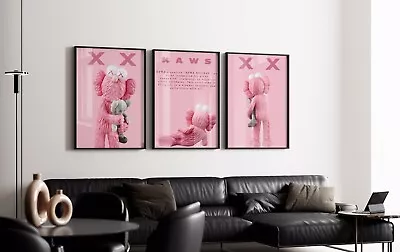 Set Of 3 All Pink Kaws Art Pieces Canvas Wall Art Home Decor • $44.99