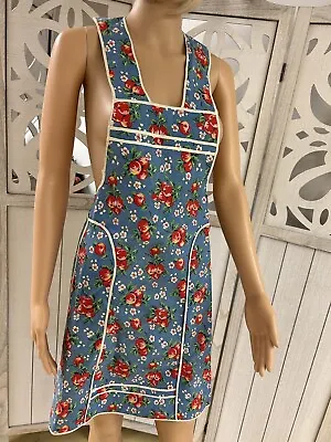 Vintage Full Bib Apron Blue With Apples & Blossoms White Piping (*35) • $26