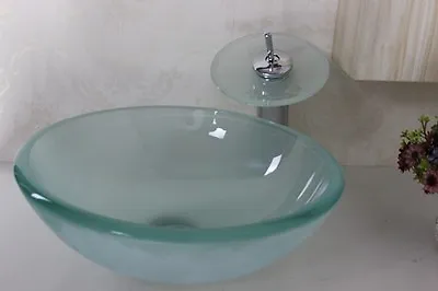 £169.99 • Buy PREMIUM Bathroom FROSTED GLASS Wash Basin Bowl Sink Matching Waterfall Brass Tap
