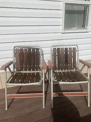 Vintage Red Wood 6 Slat Lawn Chair Aluminum Folding Lawn Deck Patio Beach • $59.96