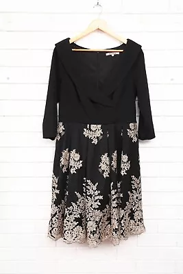 Women's Review Black/gold Floral Embroidered 3/4 Sleeve Dress Size 16 • $39.95