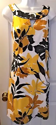 NWT SANGRIA Sheath Dress Black White Yellow Floral Cut Out Shift Jackie O Sz 8 • £36.68