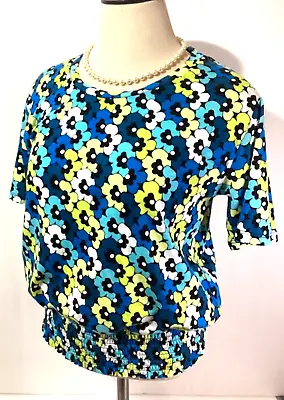 Michael Kors Women Shirred Top Size L Color Blue/Green/White Short Sleeve • $19.77