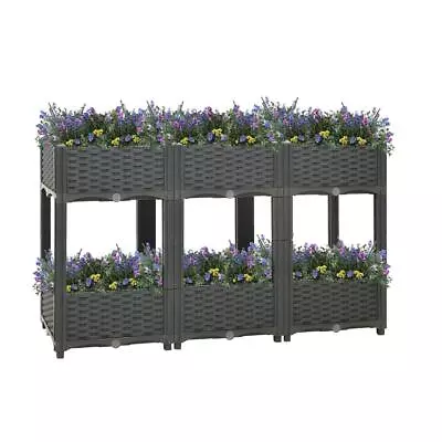2 Tier Grey 6 Raised Flower Bed Rattan Effect Garden Lawn Edge Fence Planter Pot • £52.99