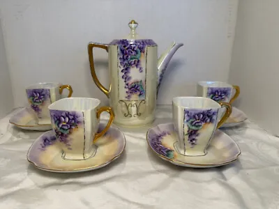 Beautiful Vintage Lusterware Violets Chocolate Tea Pot Set 4 Cups • $75