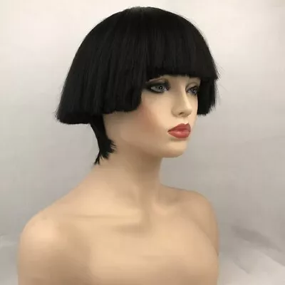 Black Big Mushroom Head Short Hair Straw Hat Straight Bangs Synthetic Wig • $24.99