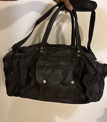 Vintage Leather Duffle Travel Bag Black Gym 90s Hand Made In USA Carry On Bag • $65