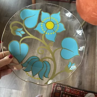 Vintage 1960’s Chance Glass Plate Floral Turquoise  Yellow Psychedelic • £17.50