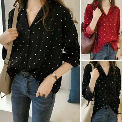 Women Polka Dot Long Sleeve Shirts Blouse Office Ladies Casual Button Down Tops◐ • $19.20