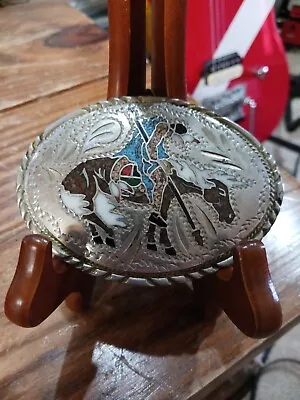 Vintage End Of The Trail TURQUOISE & CORAL Belt Buckle S.S.I. 1988 Silver NICKEL • $26.99