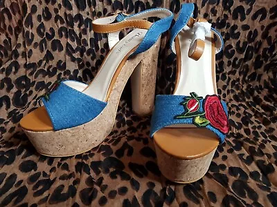 £10 • Buy DENIM TATTOO Rockabilly Cork Block Wedges - SMALL SIZE 4 / 37 SHOE Jeans Roses