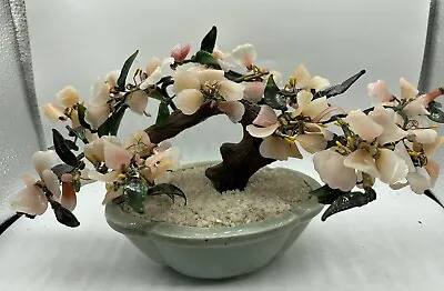 Vintage Chinese Peking Glass Stone Jade Cherry Blossom Bonsai Tree Pink Flowers • $39.99