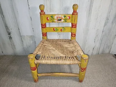 Wood Kids Chair Woven Rush Seat Folk Art Wood Rustic Farmhouse Plant Stand Vtg • $36.04