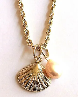 Pearl Scallop Shell Necklace 18  Gold Plated Sea Life Freshwater Beach Island • $14.99