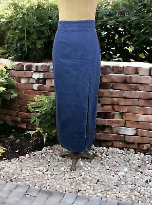 Blue Denim Jean Maxi Straight Skirt High Front Slit Vintage 90s Y2K Boho Hippie • $29.99