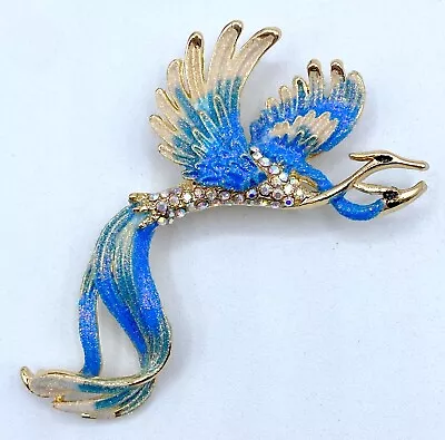 F4-2245 Vintage Brooch Gold Tone Pin 2.75  Rhinestone Enamel Blue Bird Animal • $6.99