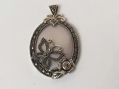 Vintage Sterling Silver 925 Marcasite Mother Of Pearl Pendant 7.5 Gr Butterfly  • $27.96