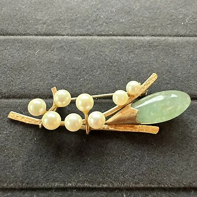 Ming's Hawaii Green Jade & Pearl 14k Yellow Gold Brooch Pin Vintage • $549.99