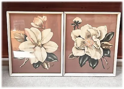 2 Framed Rene’ Cream Magnolias Dusty Pink Background Morris & Bendien Litho • $40