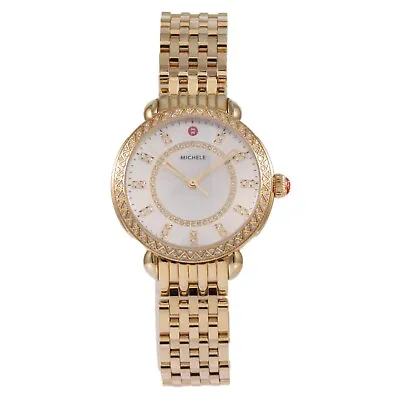 Michele Sidney 33mm Yellow Gold Tone MOP Diamond Dial Women's Watch MWW30B000004 • $1350