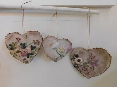 3 Vintage Silk Ribbon Floral Hanging Fabric Hearts Bowl Fillers Tucks Farmhouse • $9.99