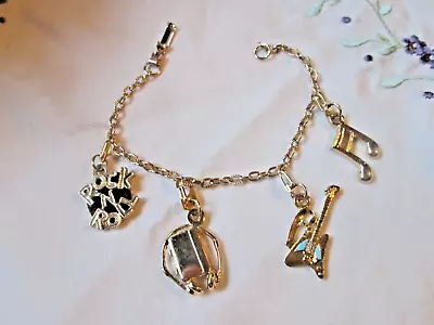 B 8--rock And Roll Goldtone Bracelet With Charms-guitar- Rock Roll-music Note-b8 • $3