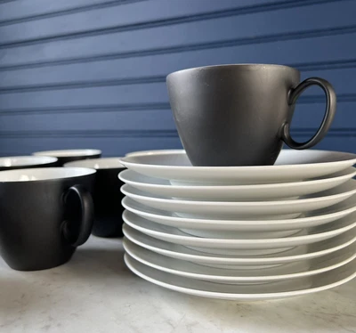 $40 • Buy 8 Charcoal Continental China Cups & Saucers Set, Raymond Loewy, Matte Finish