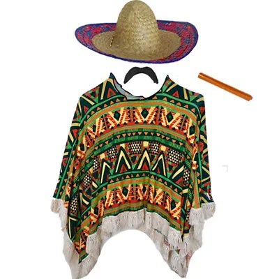 Mens Adults Mexican Bandit Poncho Sombrero Fancy Dress Costume Day Of The Dead • £13.99