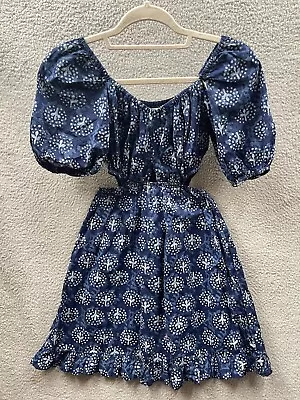 ZARA Girls Dress Size 13-14 Blue Tie Dye Waist Cut Outs Floral 100% Cotton Lined • $23.88