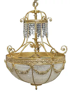 Vintage French Neoclassical Gilt Bronze Brass Crystal Beaded Basket Chandelier • $3200